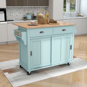 Kitchen Cart with Rubber wood Drop-Leaf Countertop, Concealed sliding barn door adjustable height